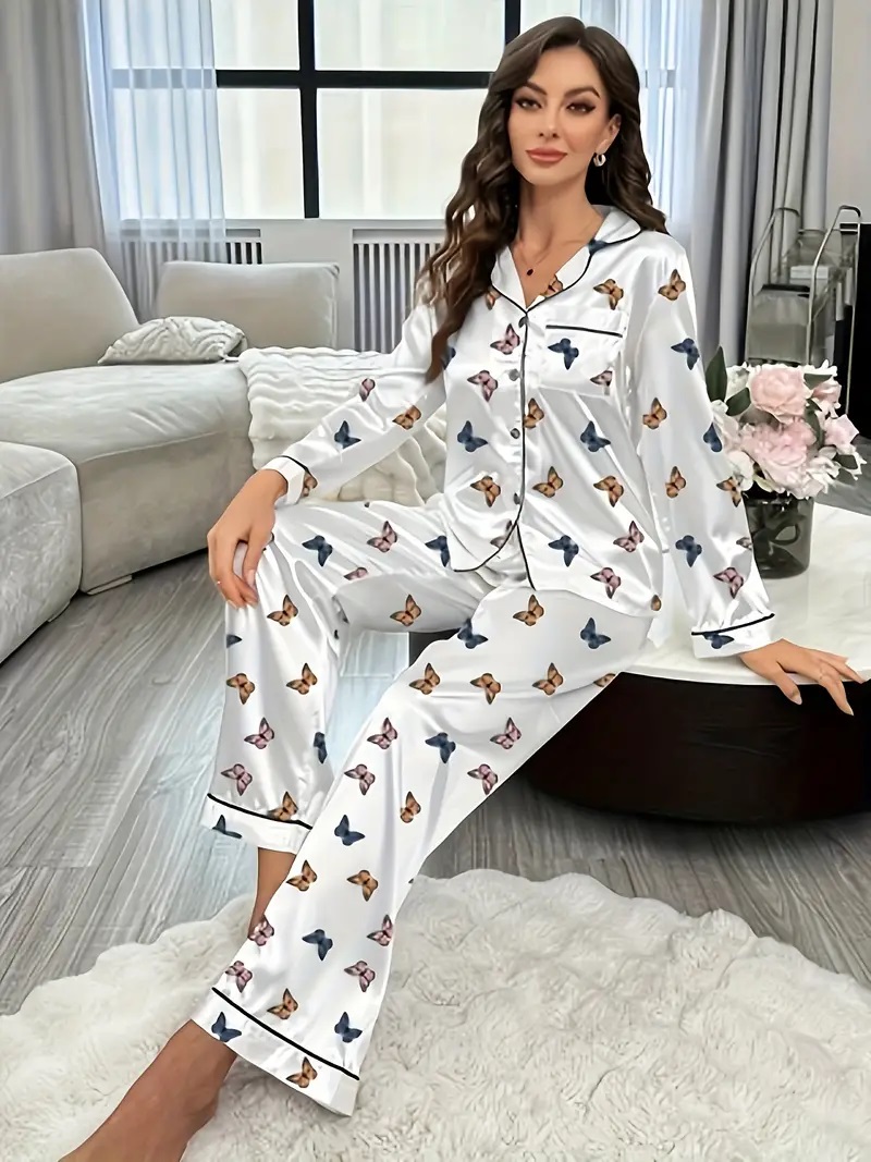 Conjunto de pijama de satén para mujer, camisa de manga larga